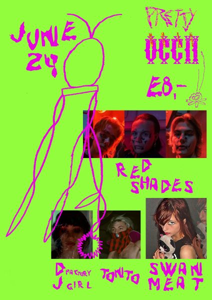 green and pink poster with drawings and photos of artist playing